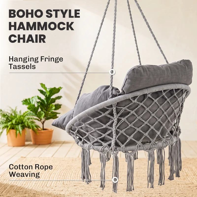 Outsunny Hanging Chair Outdoor Hammock Chair with Soft Cushion, Cotton Rope Boho Style Swing Chair, Hanging Garden Swing Seat for Indoor Outdoor, Dark Grey