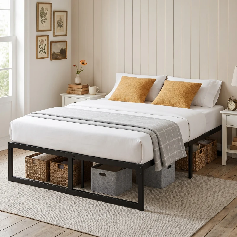 HOMCOM 4ft Small Double Bed Frame with Underbed Storage and Steel Slat Support, 32.5 cm Height, Noise-Free, Black