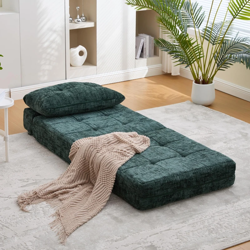 Cozy Convertible Floor Sofa Bed with Button-Tufted Detailing, Soft Chenille Folding Sleeper Couch for Living Room, 180L x 79W x 57H cm, Emerald