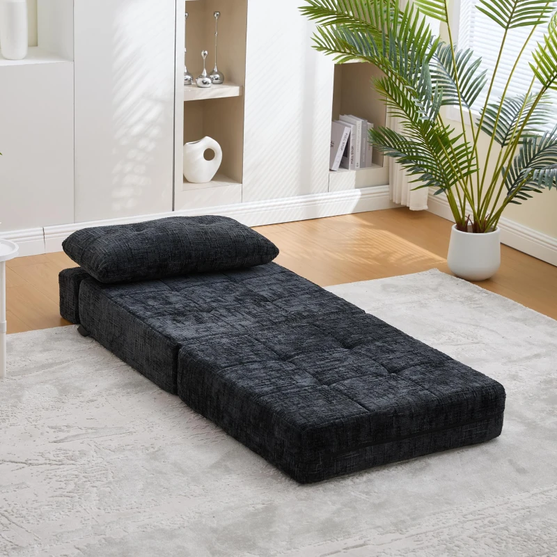 Cozy Convertible Floor Sofa Bed with Button-Tufted Detailing, Soft Chenille Folding Sleeper Couch for Living Room, 180L x 79W x 57H cm, Black