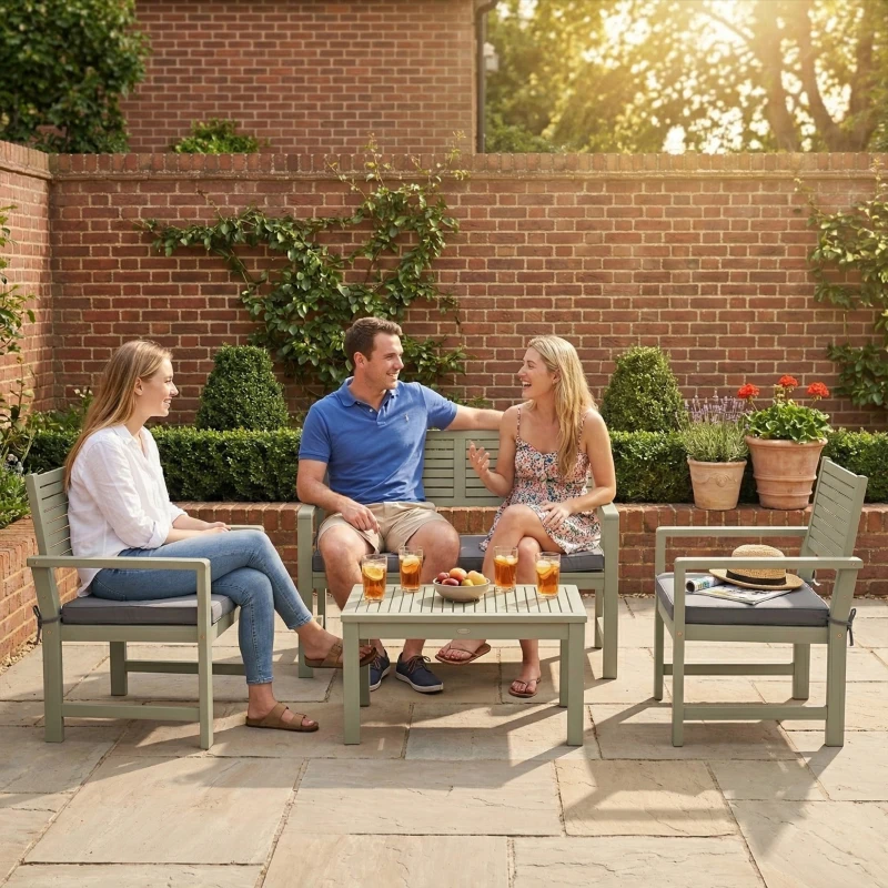 Outsunny 4 Seater Wooden Garden Furniture Set with Loveseat, Armchairs, Table, Acacia Wood Garden Sofa Set, Light Grey