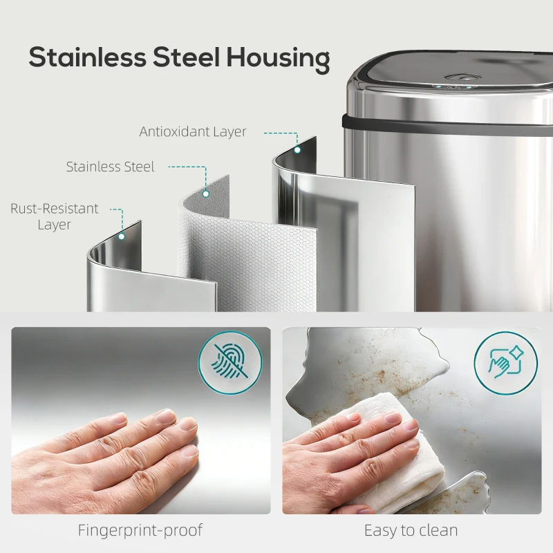 HOMCOM 50L Stainless Steel Sensor Bin - Silver Tone