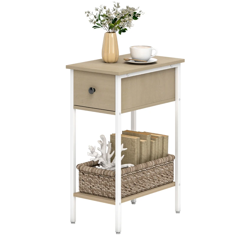 HOMCOM Mesa Auxiliar Estreita Mesa Auxiliar Industrial com Gaveta Prateleira Aberta e Estrutura Metálica 25x39,8x58,2 cm Madeira