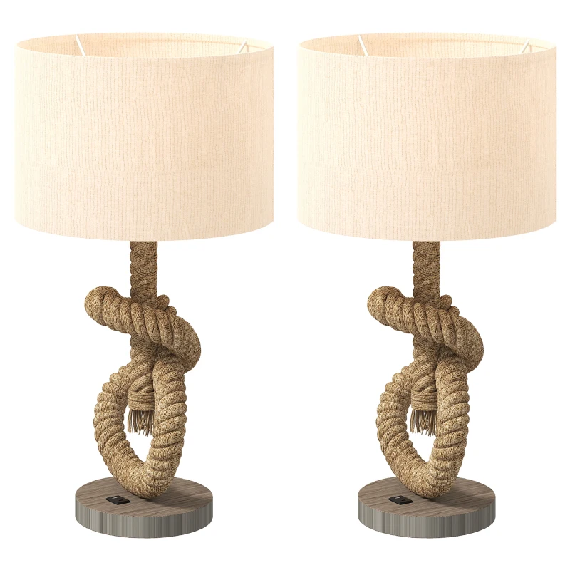 HOMCOM Nautical Table Lamps Set of 2 with USB Charging Port, Bedside Lamps for Bedroom Living Room, Warm White LED Bulb Included, with Hemp Rope, Natural
