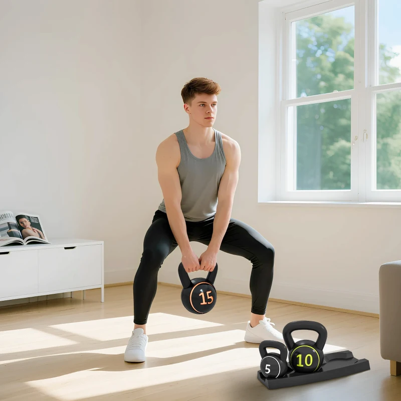 SPORTNOW Three-Piece Kettlebell Set, 5lbs, 10lbs, 15lbs with Storage Tray