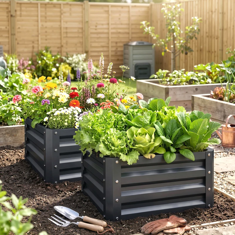 Outsunny Set of 2 Raised Garden Bed, Outdoor Elevated Galvanised Planter Box for Flowers, Herbs, 60x60x30.5cm, Grey