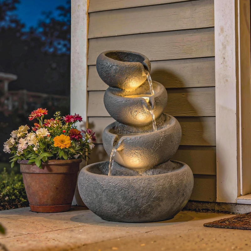 Outsunny Springbrunnen Outdoor aus Kunstharz 4-stufig Gartenbrunnen mit LED Beleuchtung Pumpe Steinoptik 35 x 32 x 50 cm