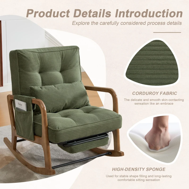 Cozy Rocking Chair with Adjustable Footrest and Side Pocket, Soft Corduroy Glider Armchair for Nursery, 92L x 80W x 70H cm, Green