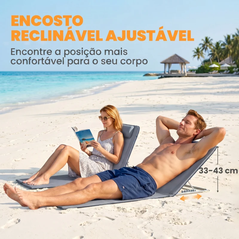 Outsunny Conjunto de 2 Esteiras com Encosto Reclinável Apoio para Cabeça e Bolsa de Transporte 134x48x33-43 cm Cinzento
