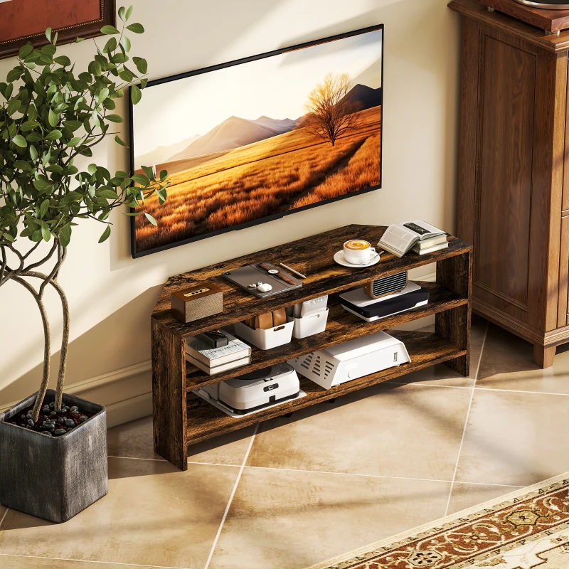 HOMCOM Corner TV Stand with 2 Open Shelves for 47 Inch TV - Rustic Brown