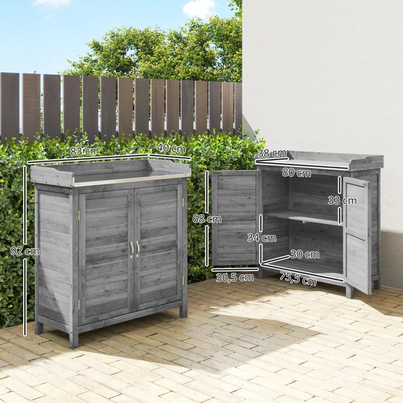 Outsunny Gartenschrank mit Pflanztisch, Holz Geräteschuppen mit verzinkter Arbeitsplatte 2 Regalböden Grau