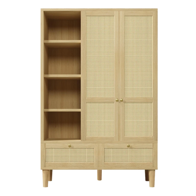 Rustic Oak Rattan Wardrobe with Clothes Rail and 2 Drawers, Wooden Armoire Closet Cabinet for Bedroom, 120L x 50W x 180H cm, Oak