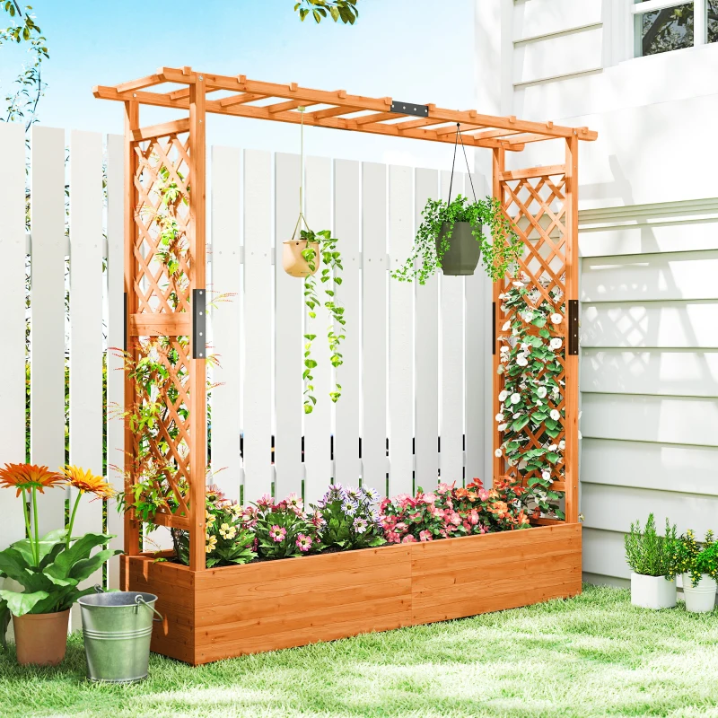 Outsunny Hochbeet mit Rankengitter und Dach, für Blumen, Obst, Gemüse, Kräuter, 196 x 44 x 181 cm, Holz, Orange