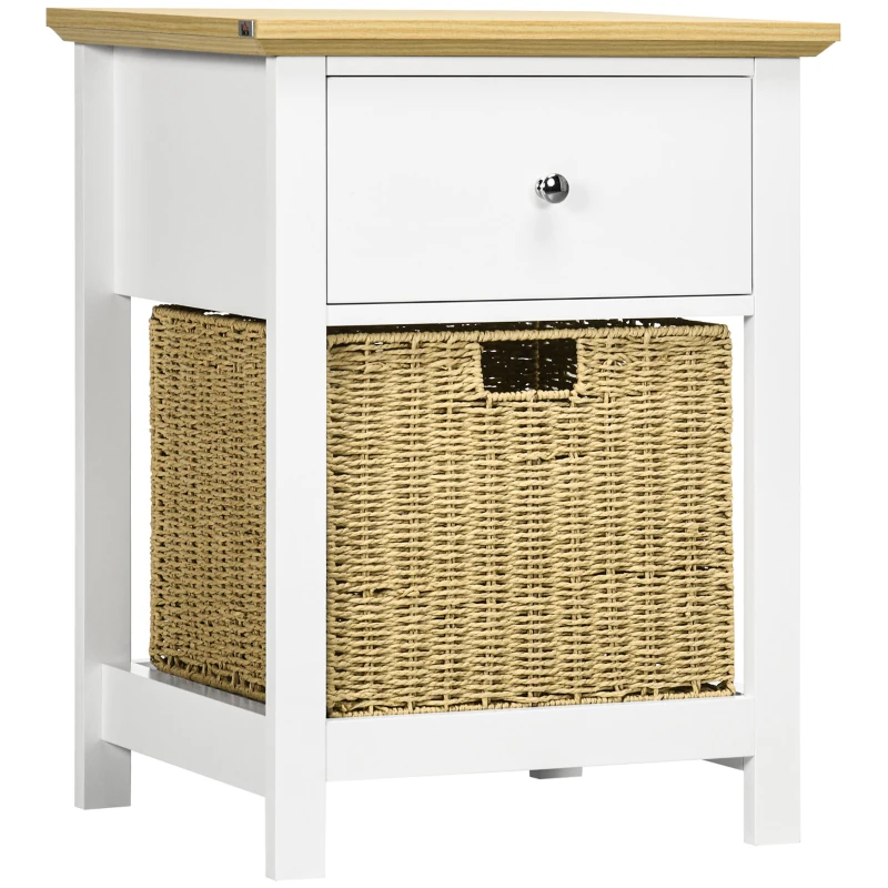 HOMCOM Mesita de Noche con Cajón y Cesta de Ratán Plegable Mesa Auxiliar para Salón Dormitorio 49x39x64 cm Blanco y Natural