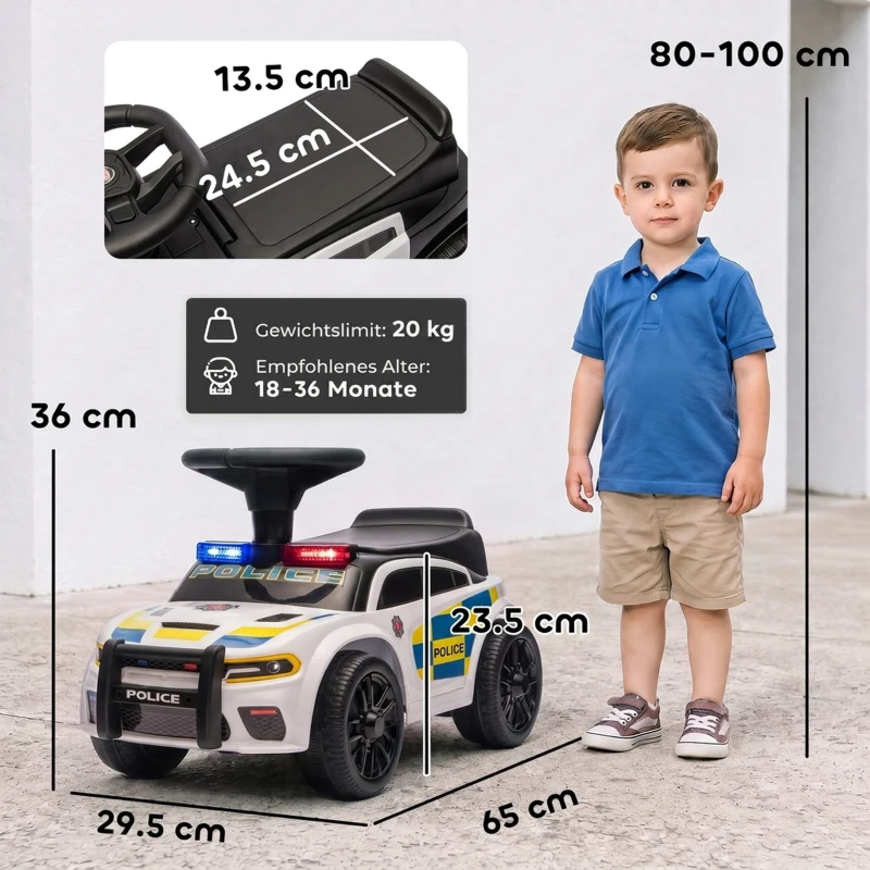 AIYAPLAY Rutschauto Kinder Polizei Rutschfahrzeug mit Musik Licht Anti-Kipp-Schutz & Stauraum unter dem Sitz 18-36 Monate Weiß