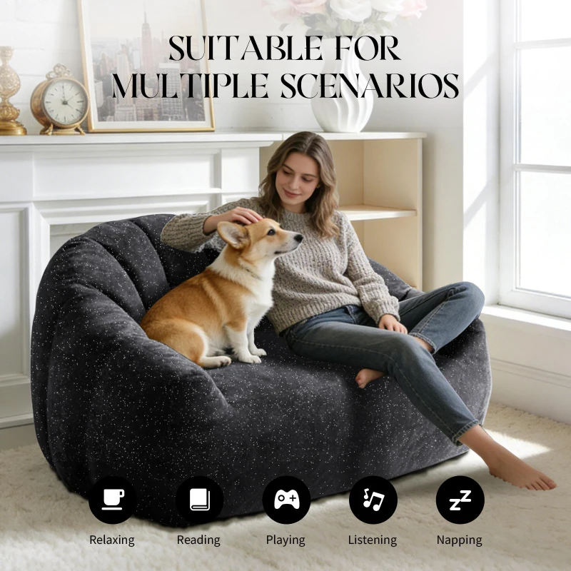 Plush 2-Seater Bean Bag Sofa with High Density Sponge, Cosy Lazy Couch for Gaming Room and Pet-Playing Room, 140L x 98W x 61H cm, Black