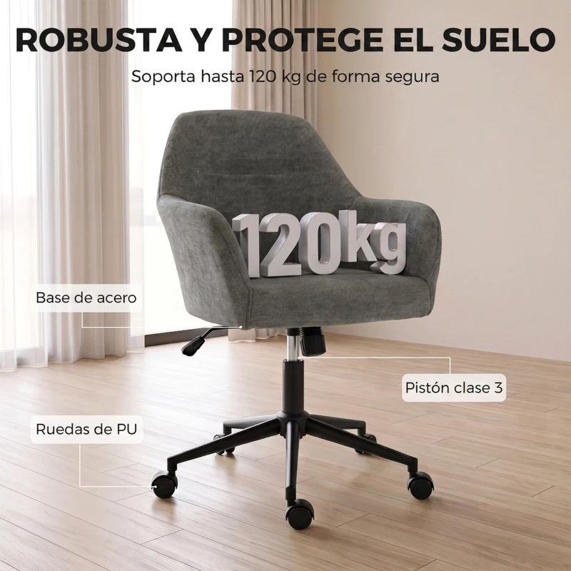 HOMCOM Silla de Oficina de Chenilla con Ruedas Función Basculante Altura Ajustable Acolchado Grueso para Casa Oficina Gris