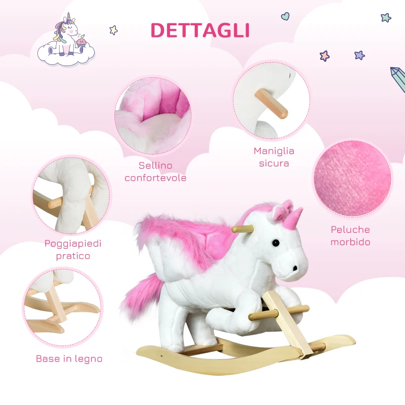 HOMCOM Cavallo a Dondolo Unicorno con Musica in Metallo e Legno 65x32x57cm