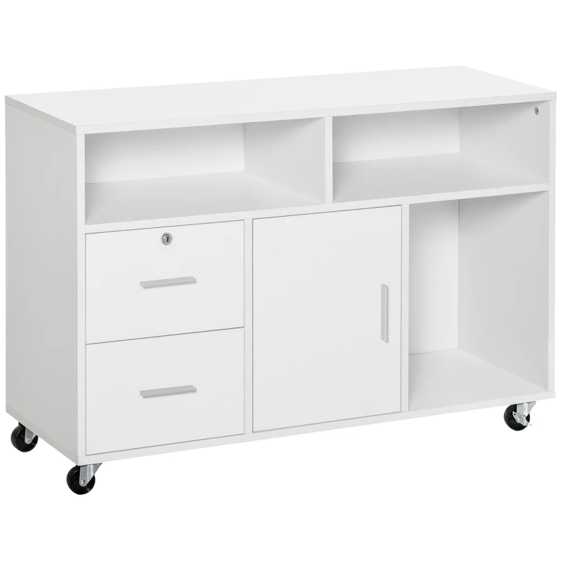 HOMCOM Support d'imprimante à 2 tiroirs meuble de rangement sur roulettes étagères ouvertes et placard, 100 x 35 x 65 cm, blanc
