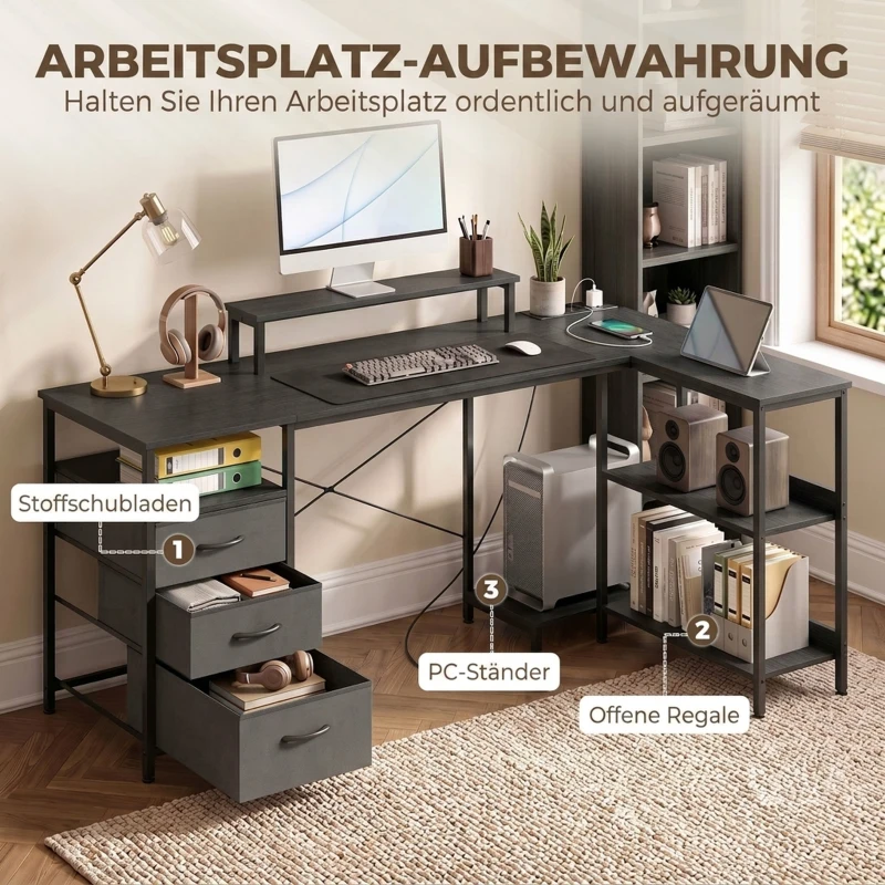 HOMCOM Schreibtisch in L-Form, umkehrbarer Eckschreibtisch mit Schubladen und Regalen, 170 cm, Schwarz