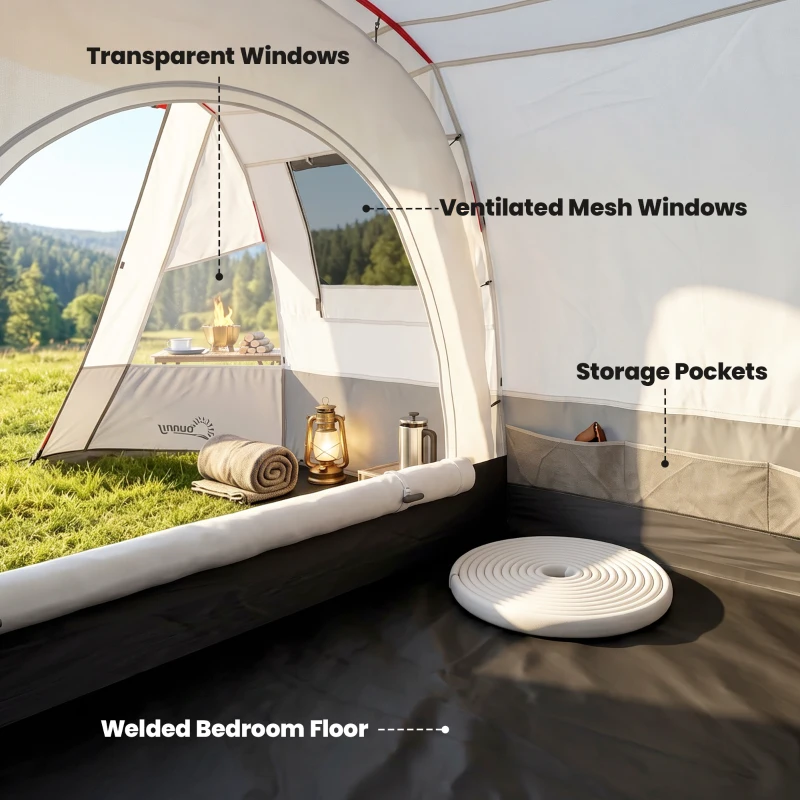 Outsunny 3 Person Tunnel Tent, Large Camping Tent with Bedroom, Living Room, Sewn-in Floor, 3 Doors, Carry Bag, 2000mm for Fishing, Hiking, Sports, Travelling, 510L x 240W x 180H cm, Grey