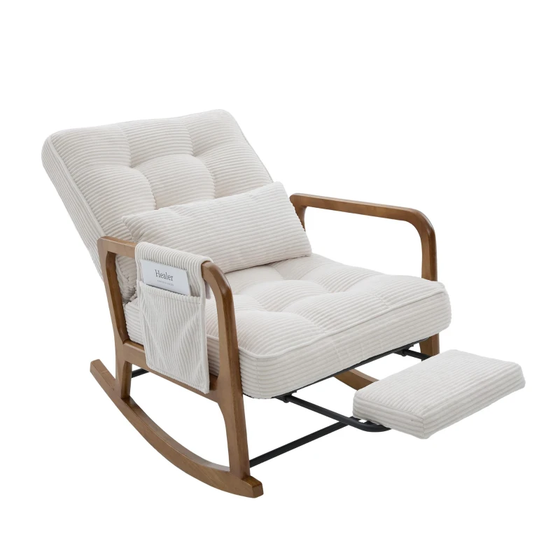 Cozy Rocking Chair with Adjustable Footrest and Side Pocket, Soft Corduroy Glider Armchair for Nursery, 92L x 80W x 70H cm, Beige