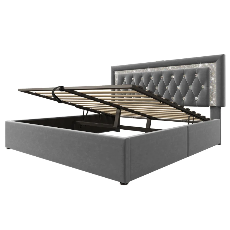 Smart Double Bed with Height-Adjustable Headboard, Stylish Bed Frame for Contemporary Bedrooms, 204L x 145W x 108H cm, Grey