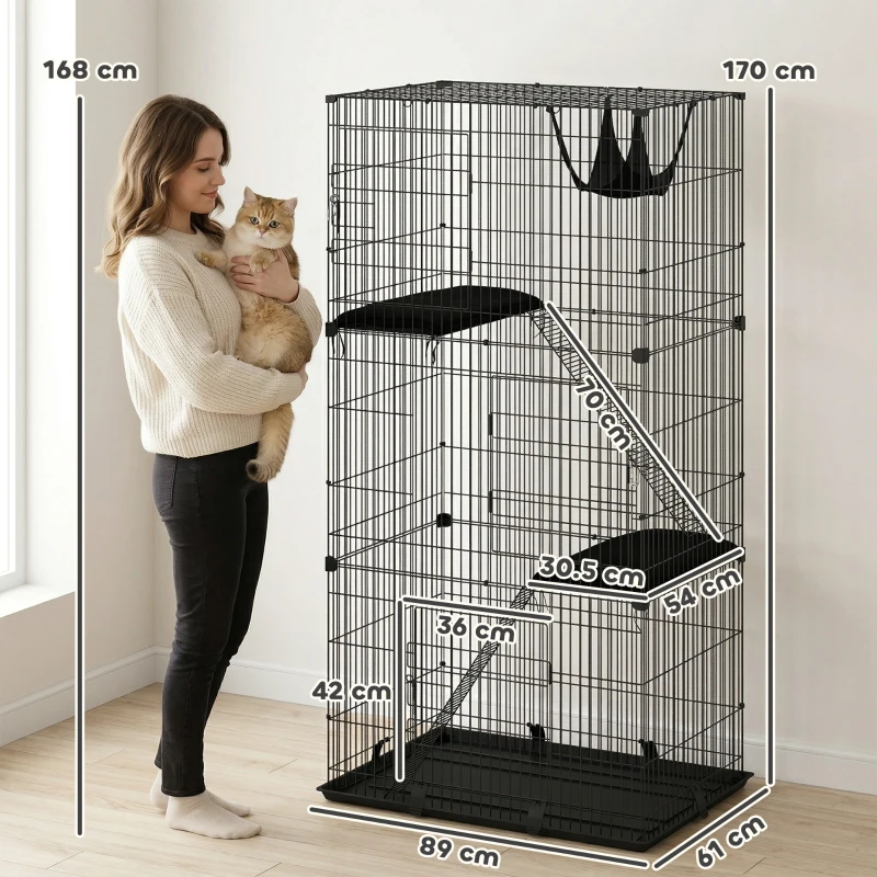 PawHut 3-Tier Large Cat Cage Indoor, Detachable Metal Wire Kennel with Hammock, Platforms, Tray and Cushions for 1-2 Kittens