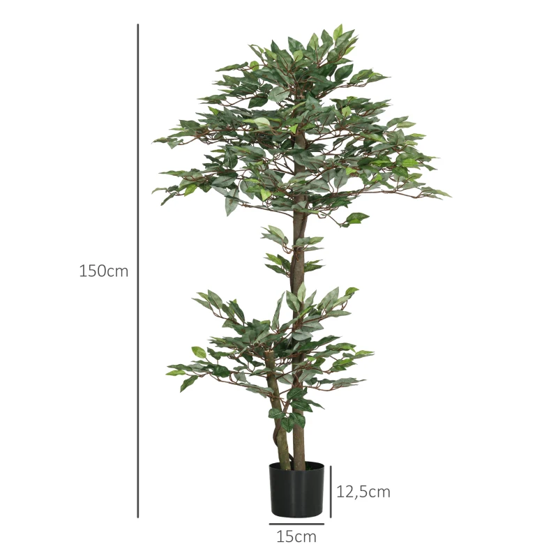 Outsunny Planta Artificial Ficus 150 cm Planta Artificial com 1008 Folhas Musgo e Vaso para Exterior Casa Sala de Estar Escritório Verde