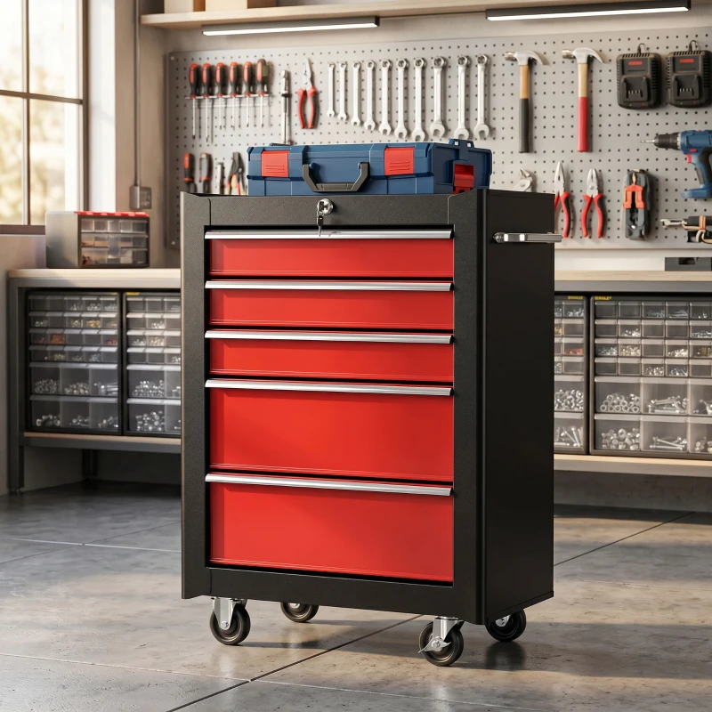HOMCOM 5-Drawer Tool Chest, Lockable Steel Tool Storage Cabinet with Wheels and Handle Tool Box for Garage, Workshop, Red