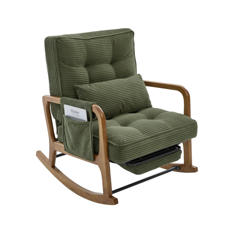 Cozy Rocking Chair with Adjustable Footrest and Side Pocket, Soft Corduroy Glider Armchair for Nursery, 92L x 80W x 70H cm, Green