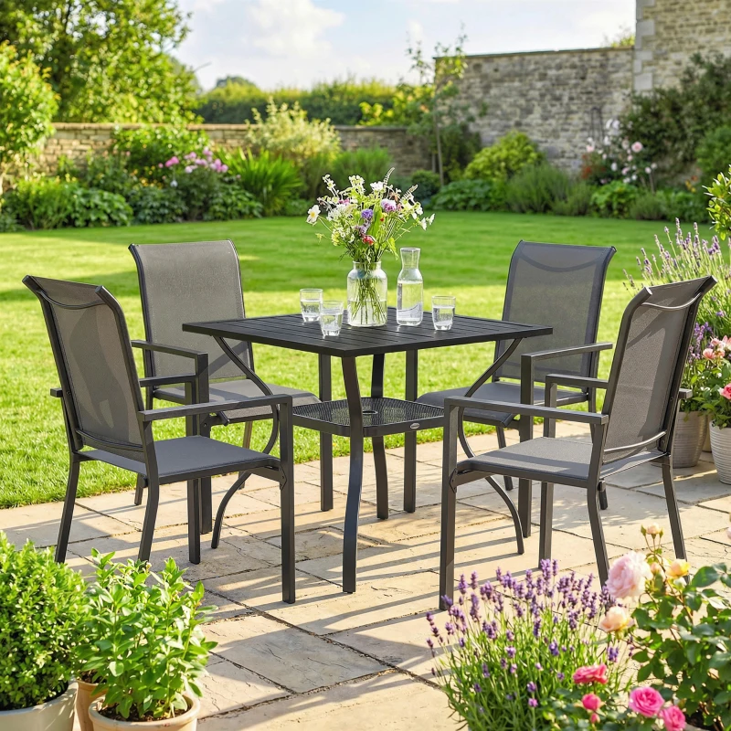 Outsunny 5 Pieces Outdoor Dining Set for 4, Garden Table and Stackable Chairs with Breathable Mesh Seat and Parasol Hole, Grey