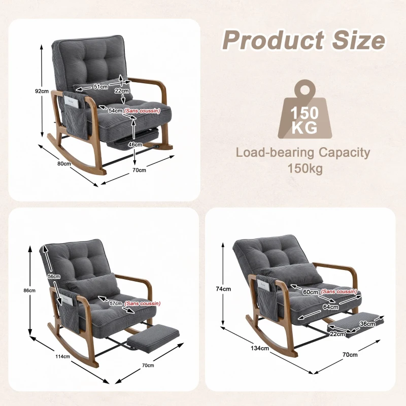 Cozy Rocking Chair with Adjustable Footrest and Side Pocket, Soft Corduroy Glider Armchair for Nursery, 92L x 80W x 70H cm, Gray