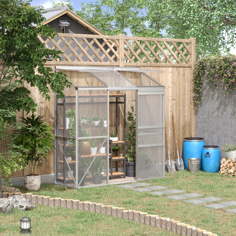 Outsunny Anlehngewächshaus, Schiebetür, Dachfenster, Polycarbonat+Aluminium, Farbe: Silber, 192 x 68 x 196 cm
