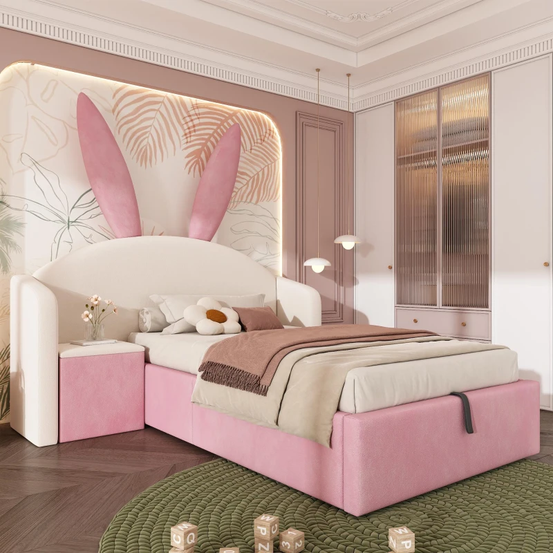 Bunny Ears Children's Bed with Hydraulic Storage, Adorable Bed for Girls Bedrooms, 206L x 149W x 143H cm, Beige+Pink