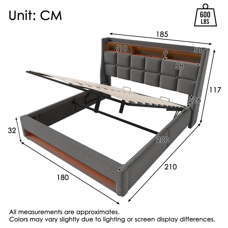 Vintage-Look King Bed with LED Lighting, Stylish Bed Frame with Gas-Lift Under-Bed Storage Space, 210L x 185W x 117H cm, Grey
