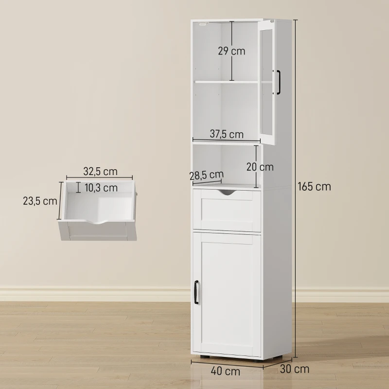 HOMCOM Columna de Baño Estrecha con Puerta de Vidrio Estantes Ajustables Cajón Estante Abierto 40x30x165 cm Blanco