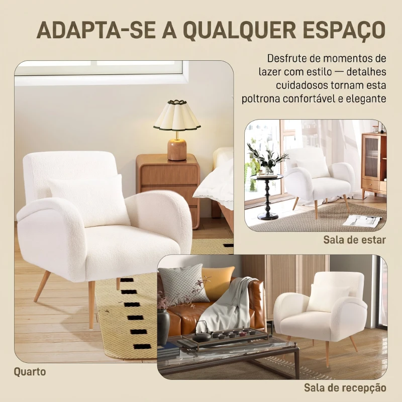 HOMCOM Poltrona em Tecido Teddy com Almofada Lombar Amovível e Pés Metálicos Efeito Madeira para Quarto, Creme