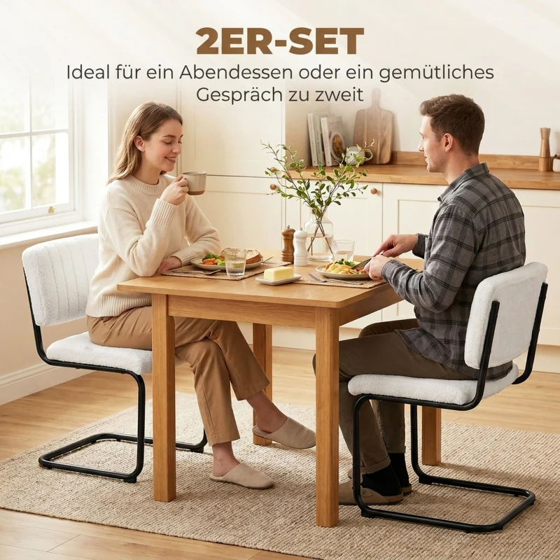 HOMCOM Esszimmerstühle 2er Set modern Freischwinger Stuhl mit hoher Rückenlehne, Teddyfleece-Optik für Küche, Esstisch Creme