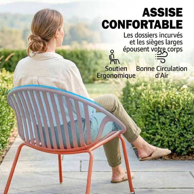 Outsunny Salon de Jardin Ensemble Bistro 3 Pièces Table Basse à Plateau Concave Acier et Polypropylène 80x70x75cm Rouge Brique