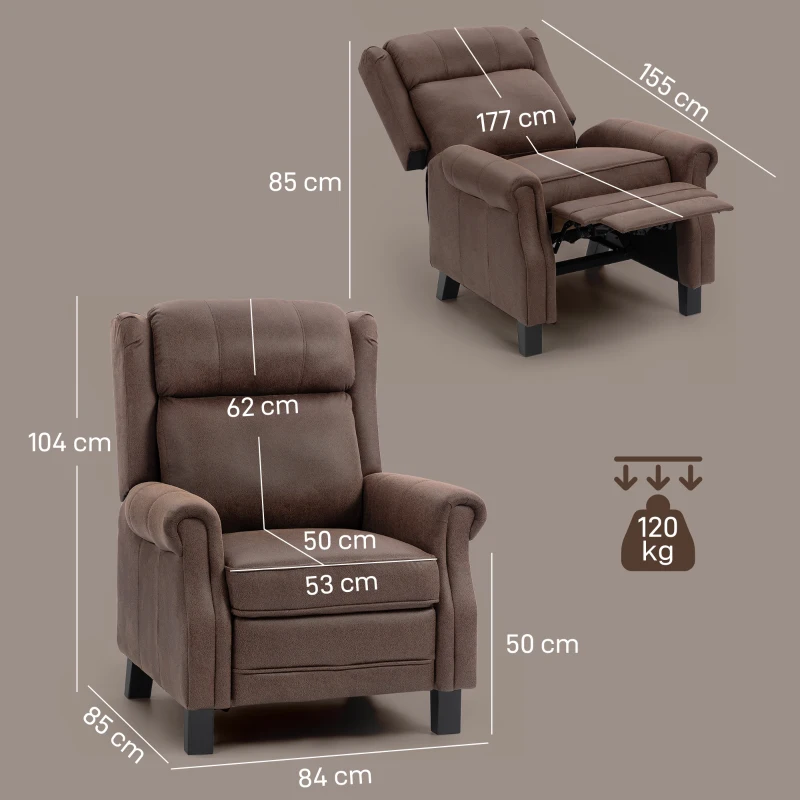 HOMCOM Poltrona Reclinável Manual Poltrona de Couro Sintético com Acolchoamento Espesso até 135º p84x85x104 cm Marrom