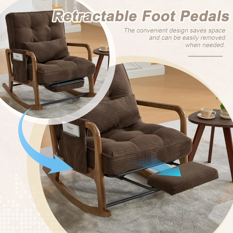 Cozy Rocking Chair with Adjustable Footrest and Side Pocket, Soft Corduroy Glider Armchair for Nursery, 92L x 80W x 70H cm, Coffee