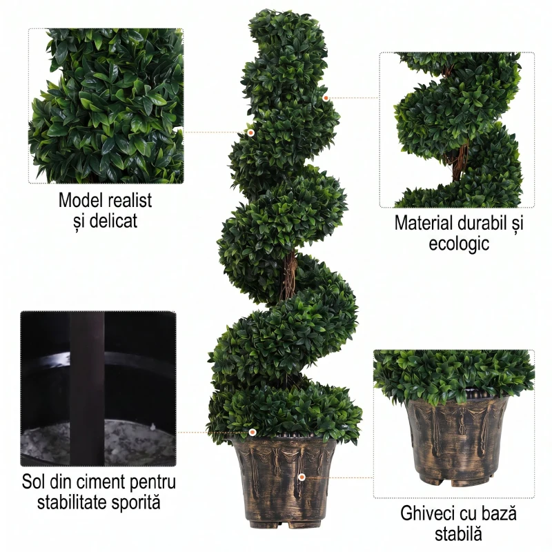 Outsunny Set 2 Plante Artificiale de Buxus în Formă de Spirală pentru Interior și Exterior cu Ghiveci, Ø32x120 cm, Verde
