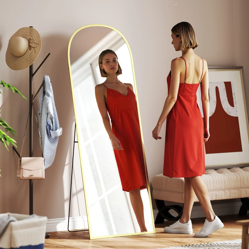 HOMCOM Espelho de Pé Espelho de Corpo Inteiro 60x165 cm com Estrutura de Liga de Alumínio e Suporte para Sala Quarto Dourado