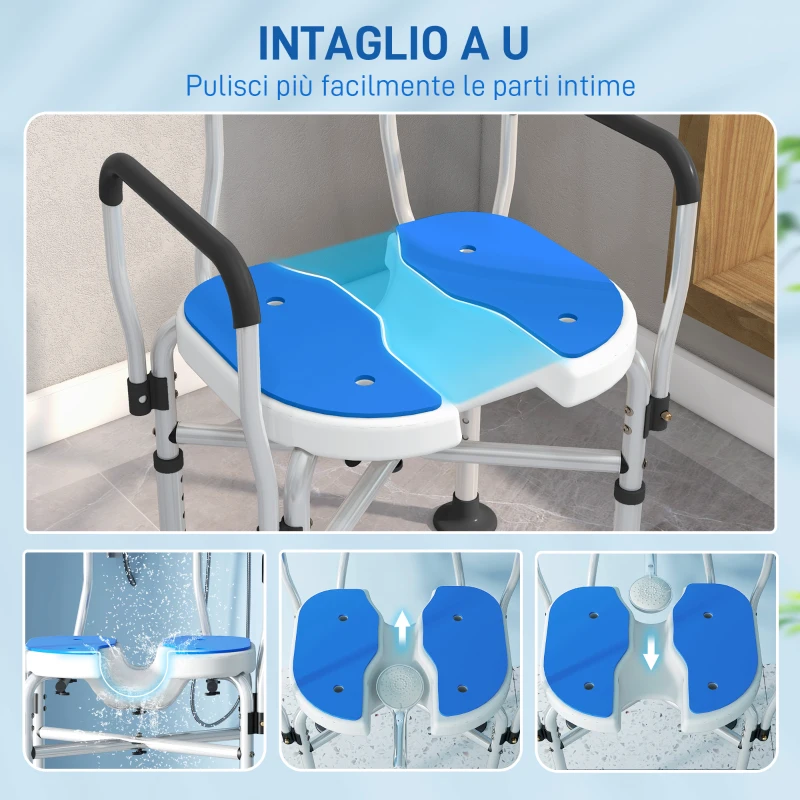 HOMCOM Sedia da Doccia con Seduta Scanalata, Altezza Regolabile e Piedini Antiscivolo, Blu