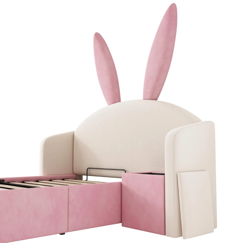 Bunny Ears Children's Bed with Hydraulic Storage, Adorable Bed for Girls Bedrooms, 206L x 149W x 143H cm, Beige+Pink