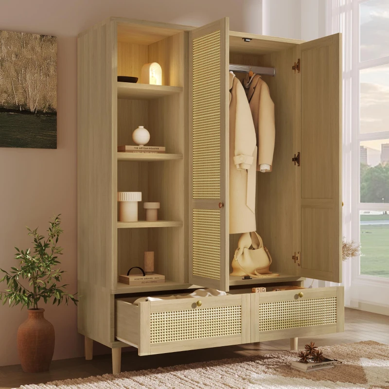 Rustic Oak Rattan Wardrobe with Clothes Rail and 2 Drawers, Wooden Armoire Closet Cabinet for Bedroom, 120L x 50W x 180H cm, Oak