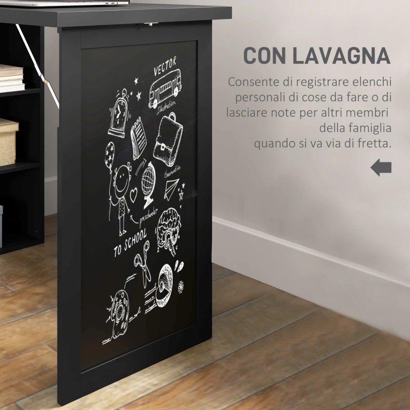 HOMCOM Scrivania Moderna Pieghevole con Libreria e Lavagna, in Legno e Metallo, 98x51x153 cm, Nero
