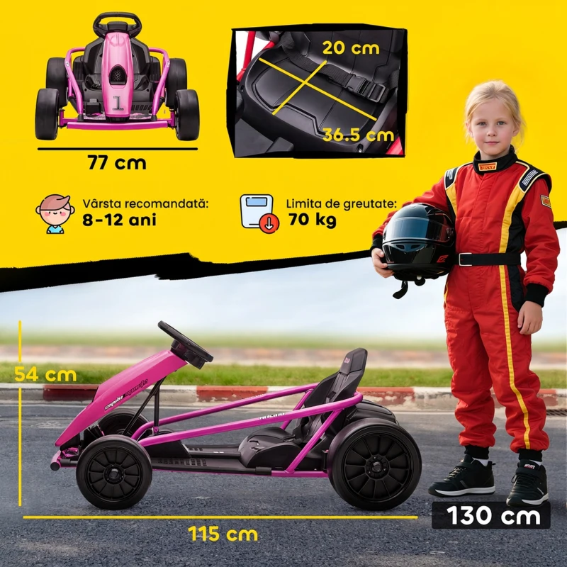 HOMCOM Go-Kart electric 24 V pentru copii, până la 13 km/h, cu funcție drift, drift-kart cu 2 motoare pentru 8–12 ani, roz