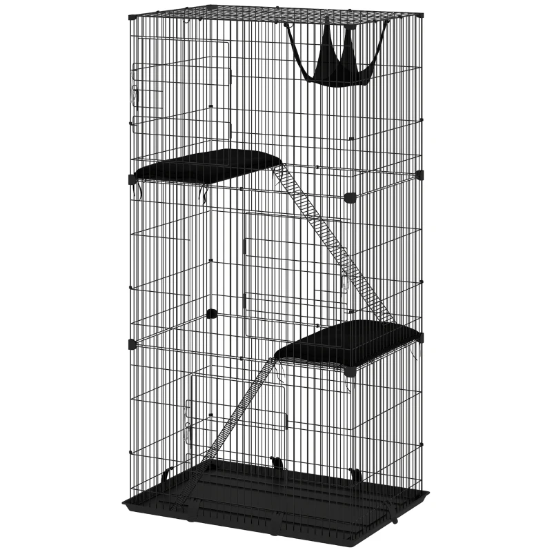 PawHut 3-Tier Large Cat Cage Indoor, Detachable Metal Wire Kennel with Hammock, Platforms, Tray and Cushions for 1-2 Kittens
